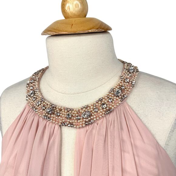 Eliza J Cocktail Dress Size 6 Pink Embellished Neck Tiered Chiffon Pleated Waist - Picture 4 of 15